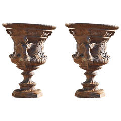 Pair of French Louis XIV Style Cast Iron Vases, 19th Century