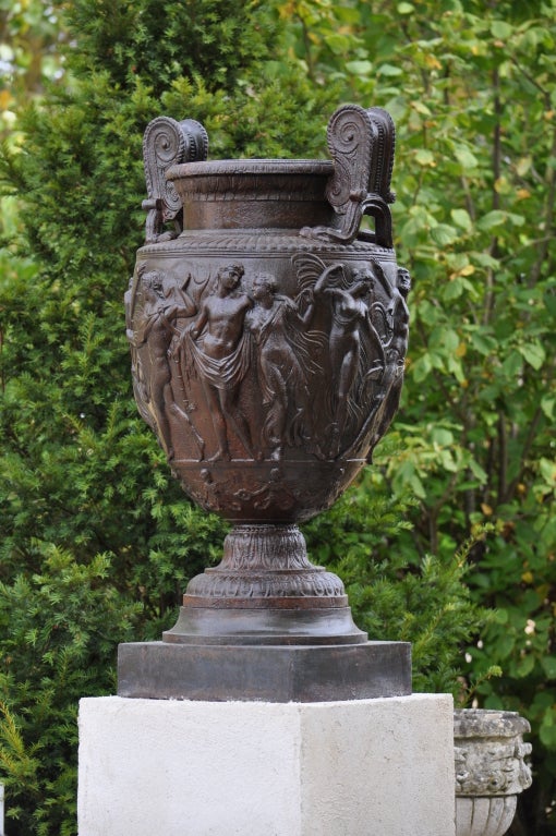 Rare pair of cast iron vases after the Townley's vase kept in British Museum in London. Val d'Osne foundry.
The Townley Vase is a large Roman marble vase of the 2nd century CE, discovered in 1773 by the Scottish antiquarian and dealer in