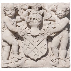 Carved Stone Armorial Shield held by Two Puttis - 17th Century