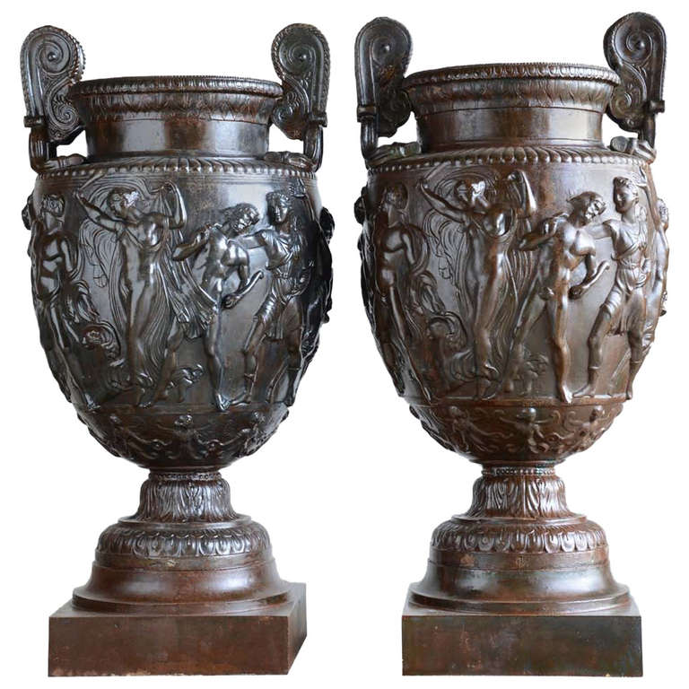 Rare Pair Of Cast Iron Vases After The Townley's Vase 19th Century