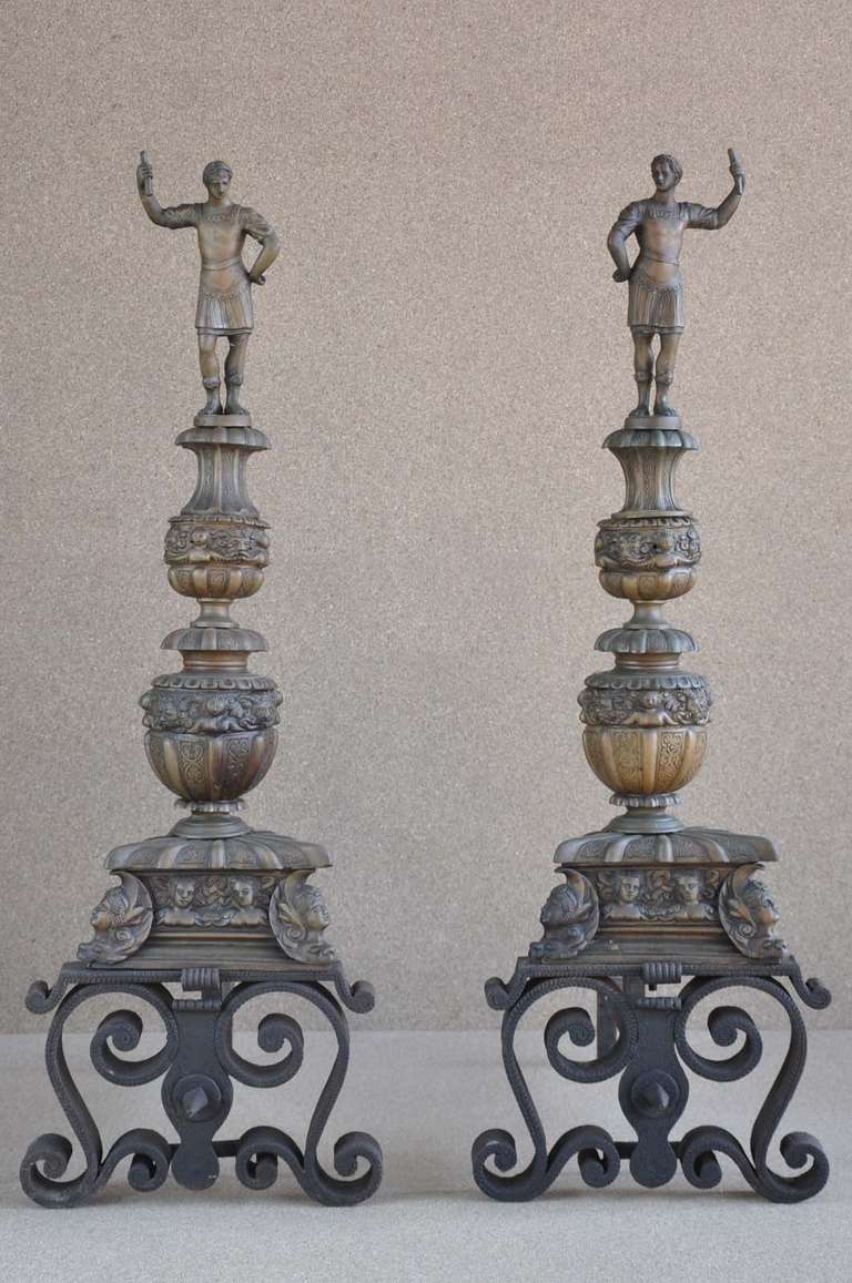 Pair of 18th Century Renaissance style bronze and wrought iron andirons. # F1247