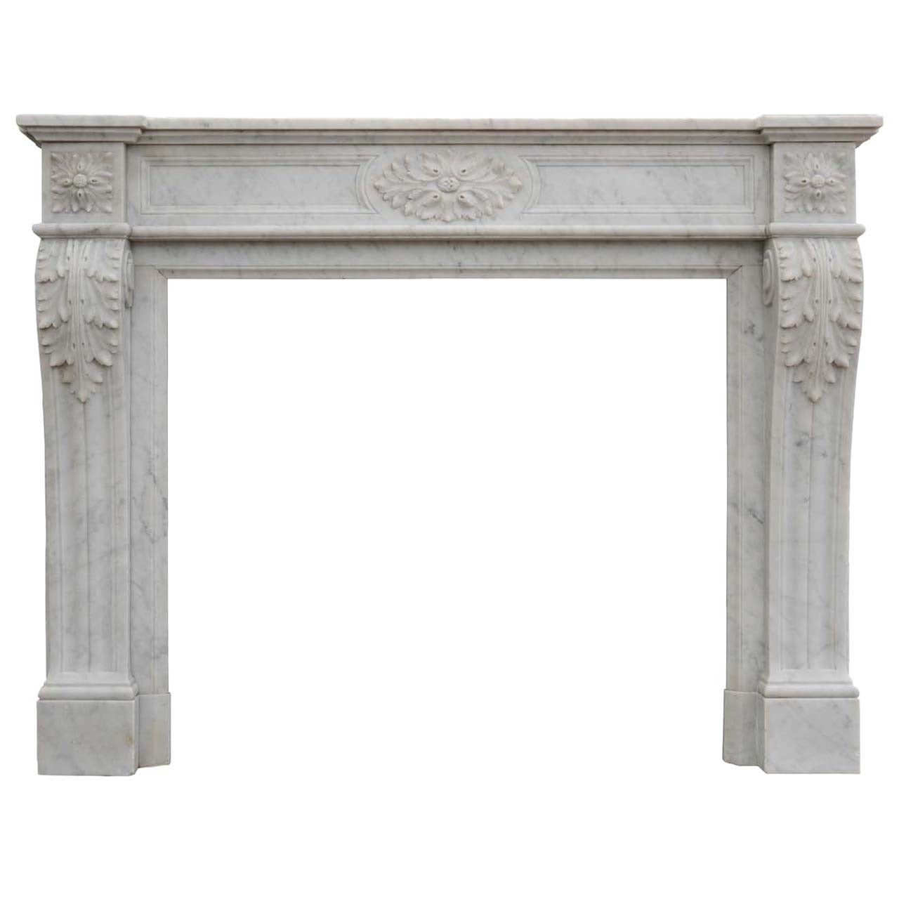 French Louis XVI Style White Marble Fireplace, 19th Century For Sale