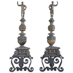 Renaissance Style Bronze and Wrought Iron Firedogs, 18th Century