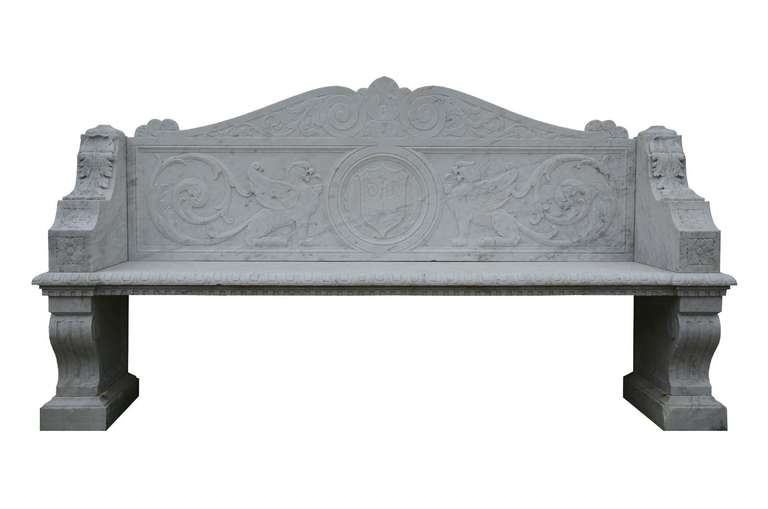 Italian Renaissance style white marble garden bench dated 19th century. Restored. # E6508