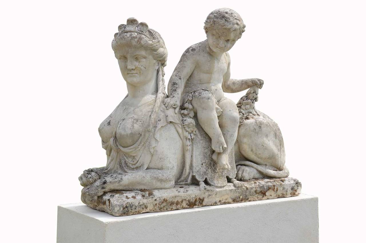 Carved French 19th Century Monumental Pair of Limestone Sphinges