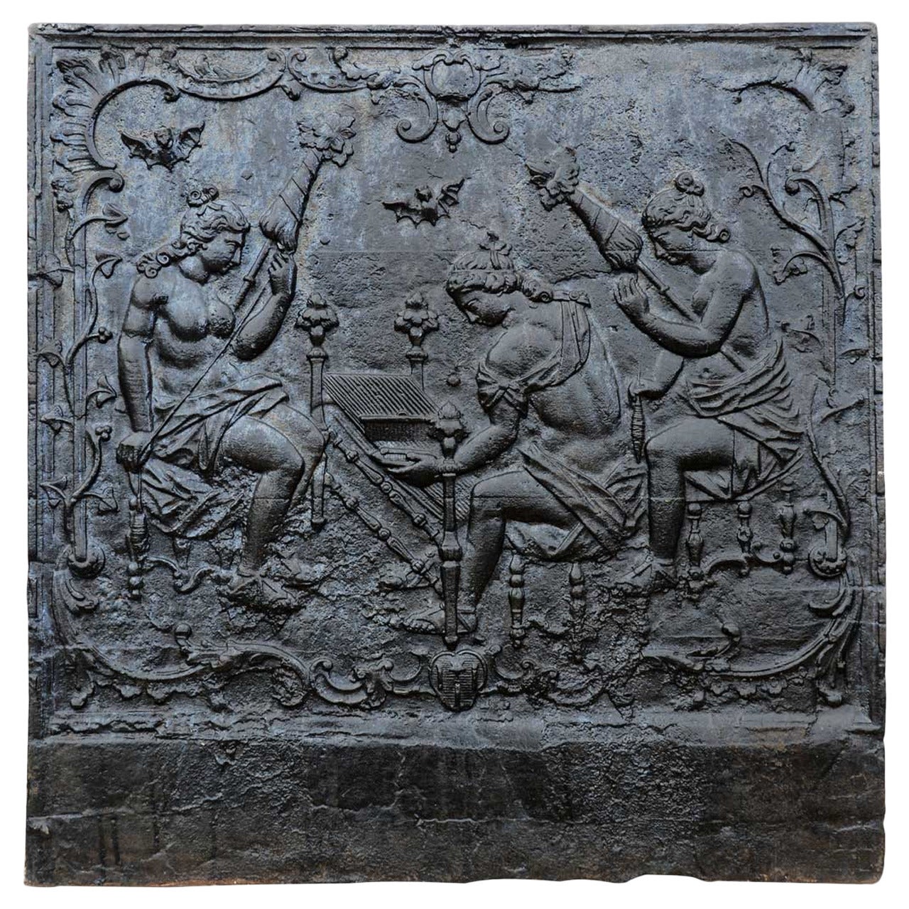 18th Cast Iron Fireback, the Fates Spinning the Destinies of Men For Sale