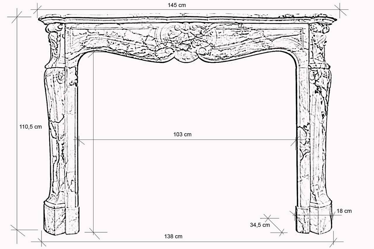 A French Louis the 15th style Arabescato marble fireplace dated 19th century.
The undulating lintel is decorated with a carved shell. The lines of hearth worked in curves and against-curves and jambs are girdles.