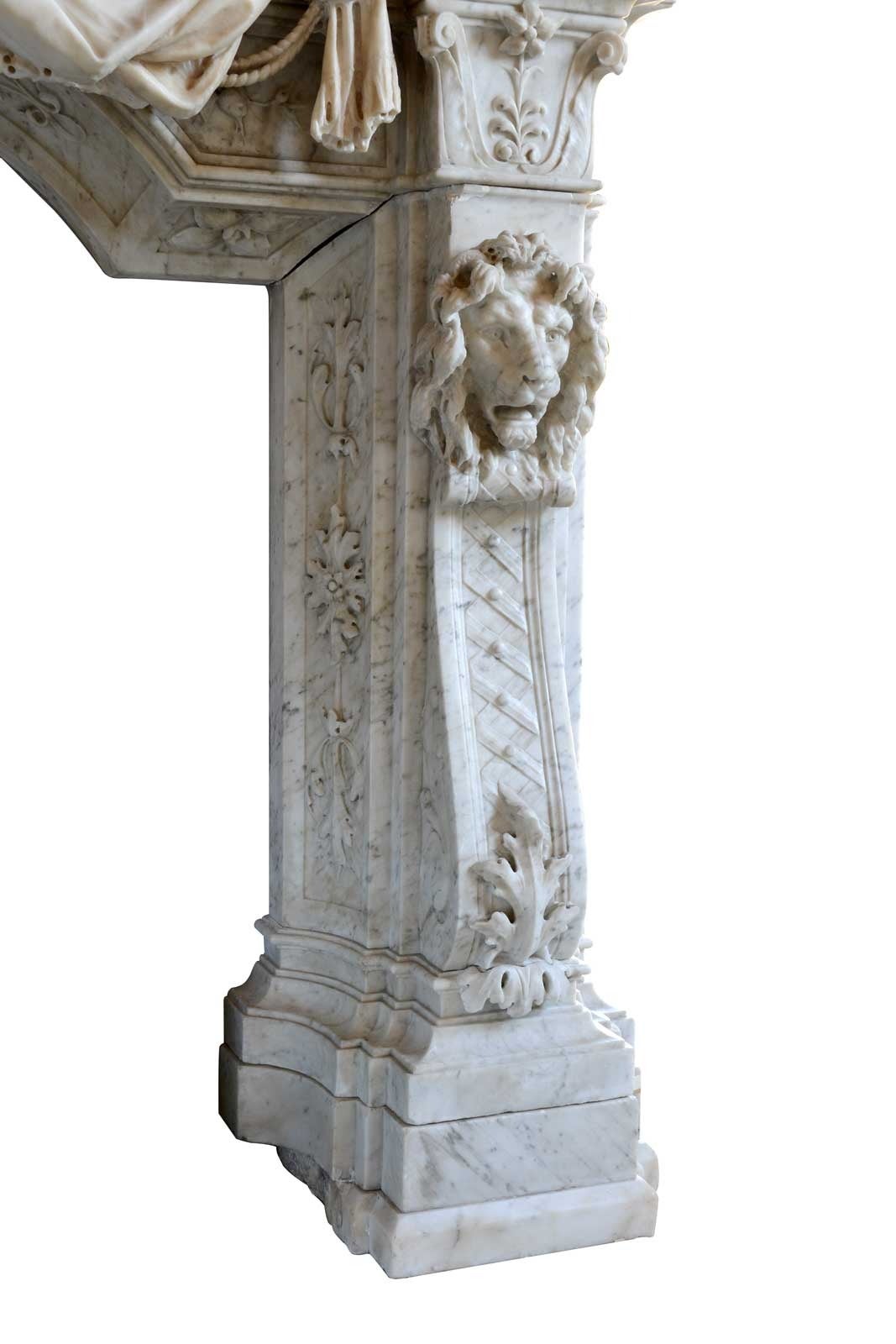 European Carrara Marble Fireplace Surmounted by a Marble Putto, 19th Century For Sale
