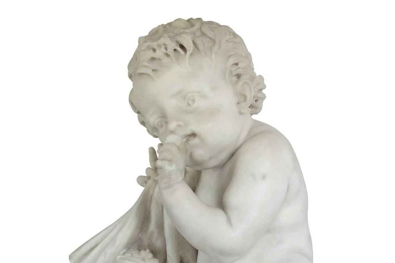 Carrara Marble Fireplace Surmounted by a Marble Putto, 19th Century For Sale 1