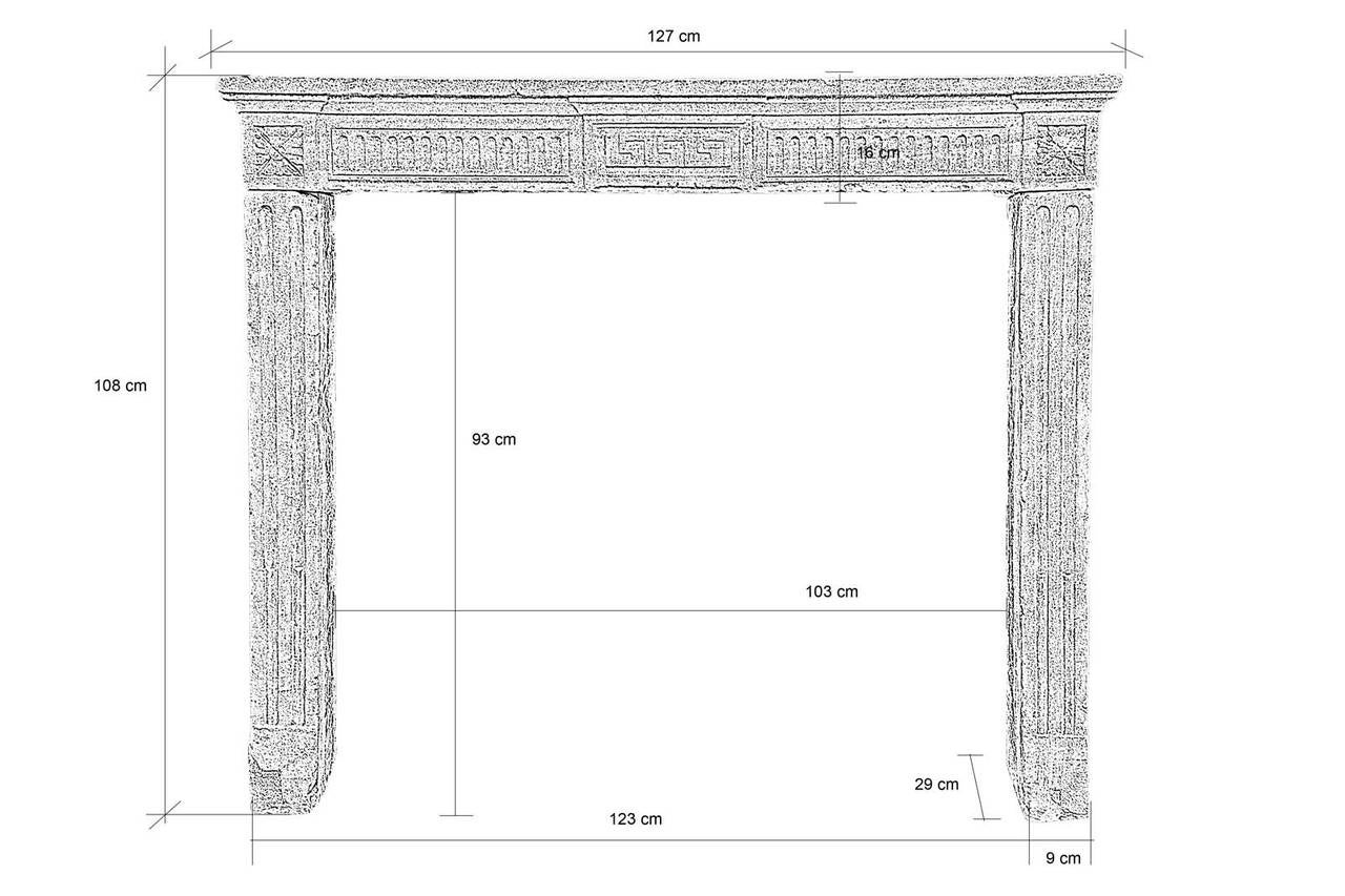 Dating from the late 18th century, Louis XVI style stone fireplace decorated on the center of the lintel of a pattern frieze Greek flanked by triglyphs. The jambs are fluted and topped by a rose. This chimney is pure neoclassical style borrowing the