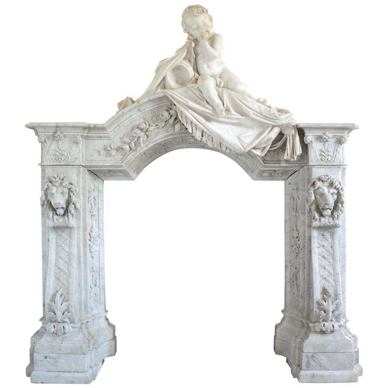 Carrara Marble Fireplace Surmounted by a Marble Putto, 19th Century For Sale