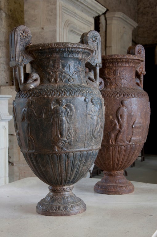 French Pair of Cast Iron Vases, 19th Century For Sale
