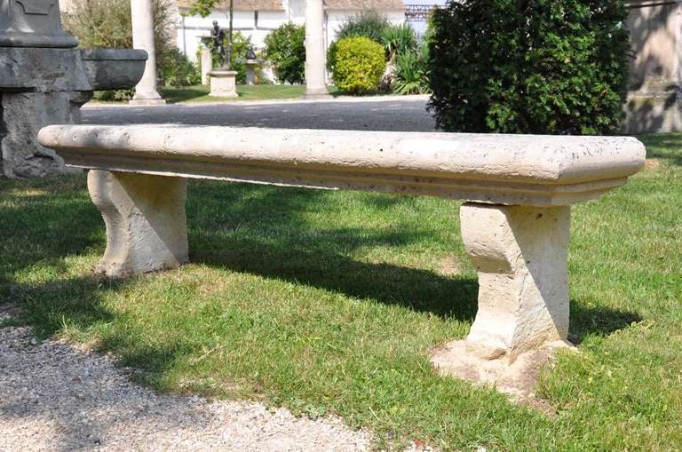 French Louis the 14th period stone garden bench dated late 17th century or early 18th century. Origin : Parc du château de Neauphle-le-Château (Versailles area). # E6446