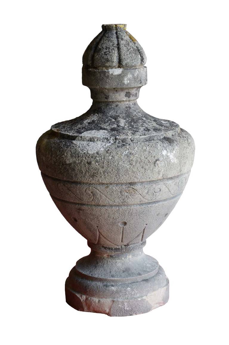 Pair of stone urns dated late 19th century. Base : 8 in. # E6545