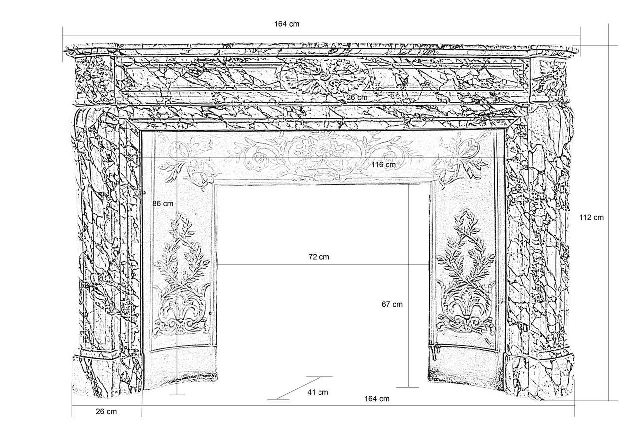 Dating from the second half of the 19th century, Louis XVI style Arabescato marble fireplace. The lintel is carved from a center rosette and rests on fluted sheath jambs topped with rosettes. Fire bed in blue marble Turquin and white marble.