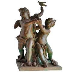 French Cast Iron Group Entitled Enfant A L Oiseau - Late 19th Century