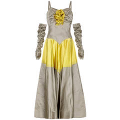 1950’s Grey & Yellow Silk Ballgown Dress With Matching Gloves 10