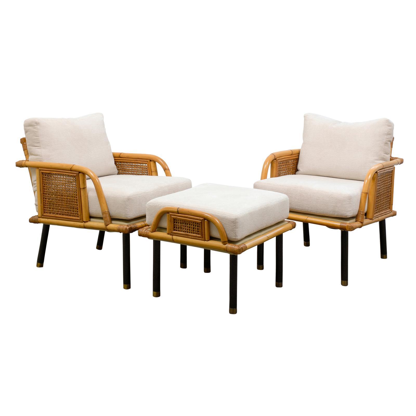 Sublime Pair of Modern Rattan and Cane Lounge Chairs by Ficks Reed, circa 1950