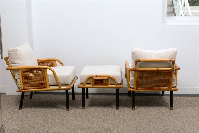 Mid-Century Modern Sublime Pair of Modern Rattan and Cane Lounge Chairs by Ficks Reed, circa 1950 For Sale