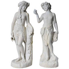 Bacchus and Bacchante Pair of White Marble Statues, 19th Century