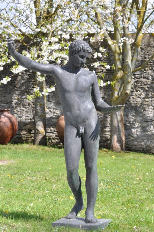 After Praxitèle, a bronze statue named Ephèbe de Marathon.  The bronze original model dated 330 b. Christ. Base : 12 x 13 in. Probably Pietrasanta foundry in Italia.