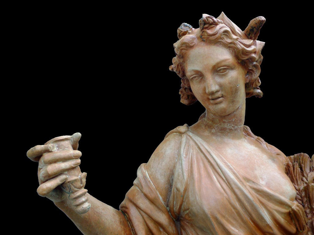 A French circa 1880 allegorical terra cotta figure of Cérès, with the stamp of Gossin Fres Paris manufactory.