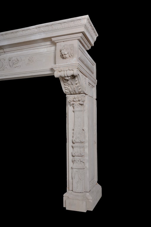 A French Renaissance style limestone fireplace dated 19th C. Hearth opening : 53 x 56 in. # C3139
