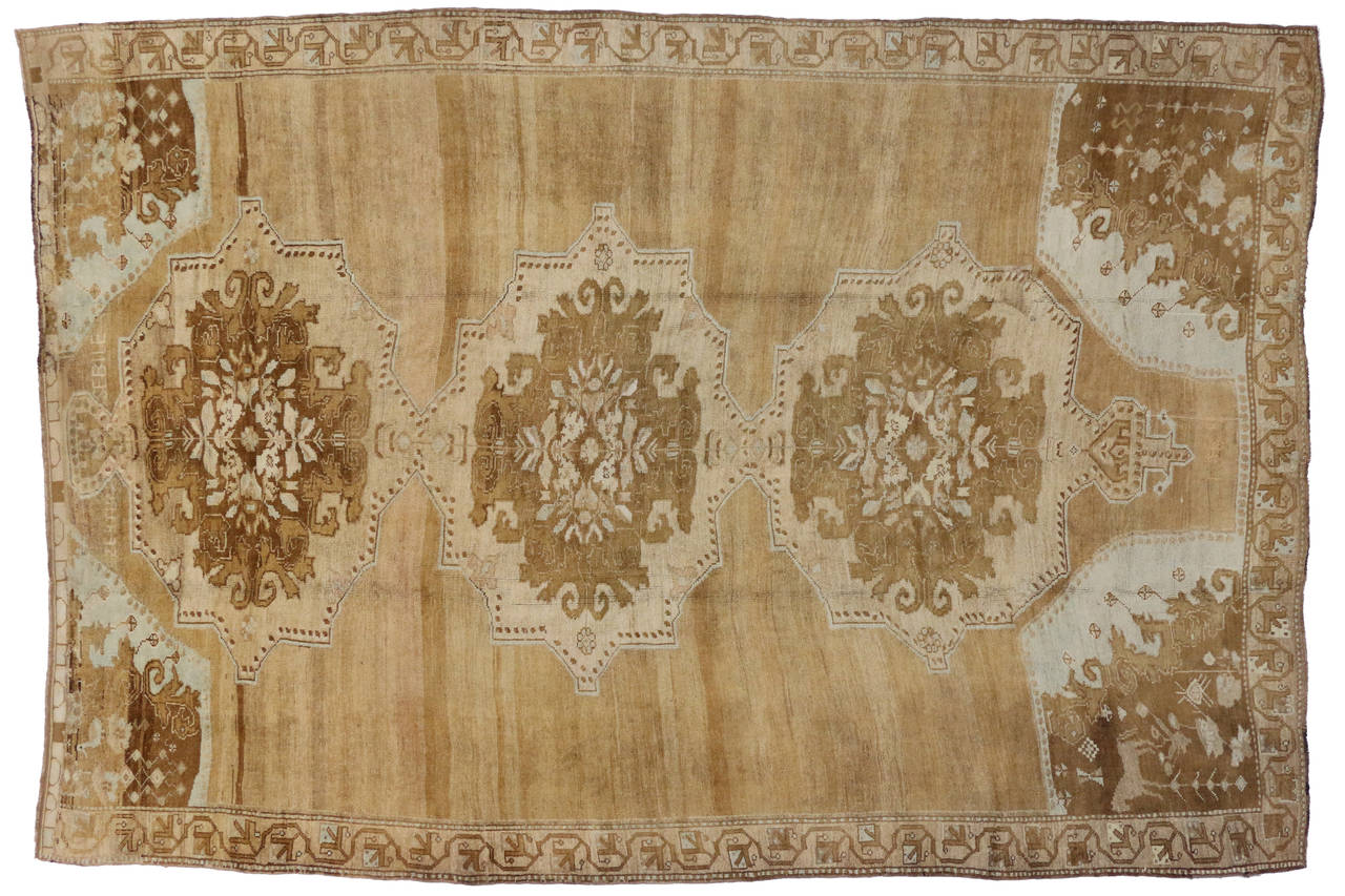 Hand-Knotted Mid-Century Modern Turkish Kars Rug with Warm Earth-Tone Colors