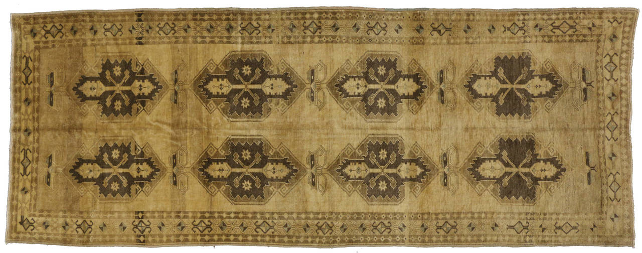 Hand-Knotted Pair of Vintage Turkish Oushak Runners with Feminine Shaker Style For Sale