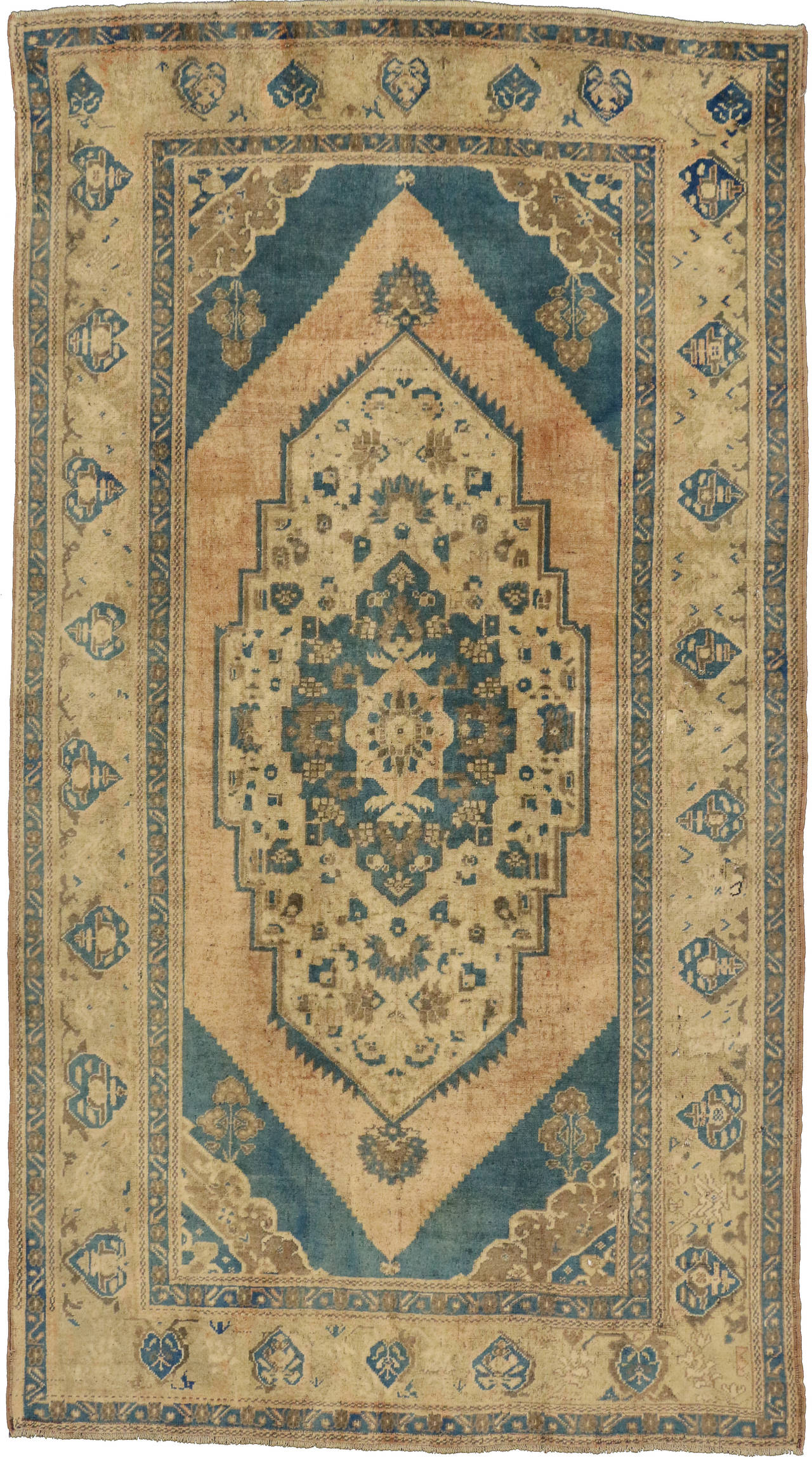 Wool Vintage Turkish Oushak Rug with Modern Design and Cerulean Blue Field For Sale