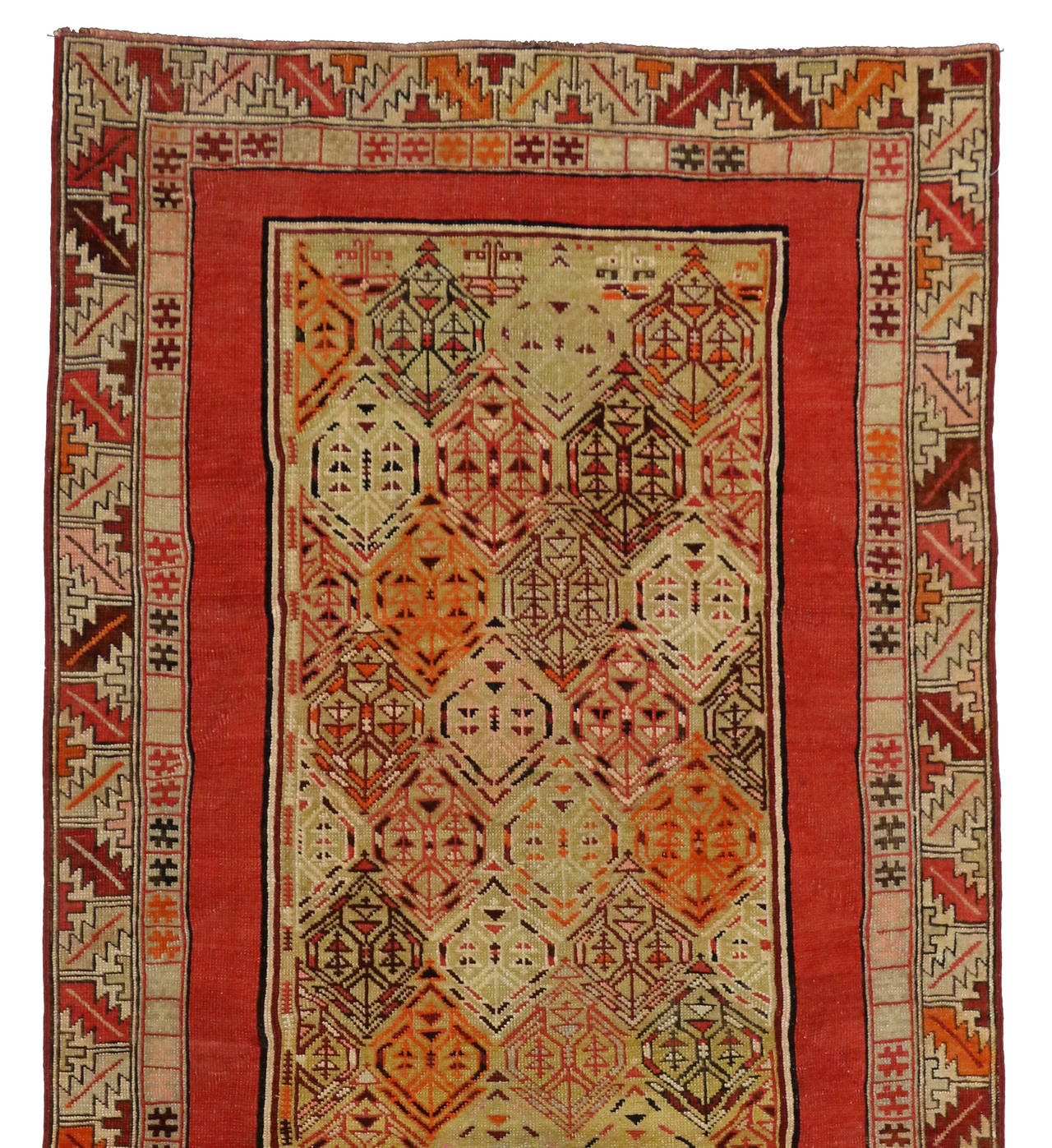 Hand-Knotted Antique Turkish Oushak Carpet Runner with Modern Art Deco Style