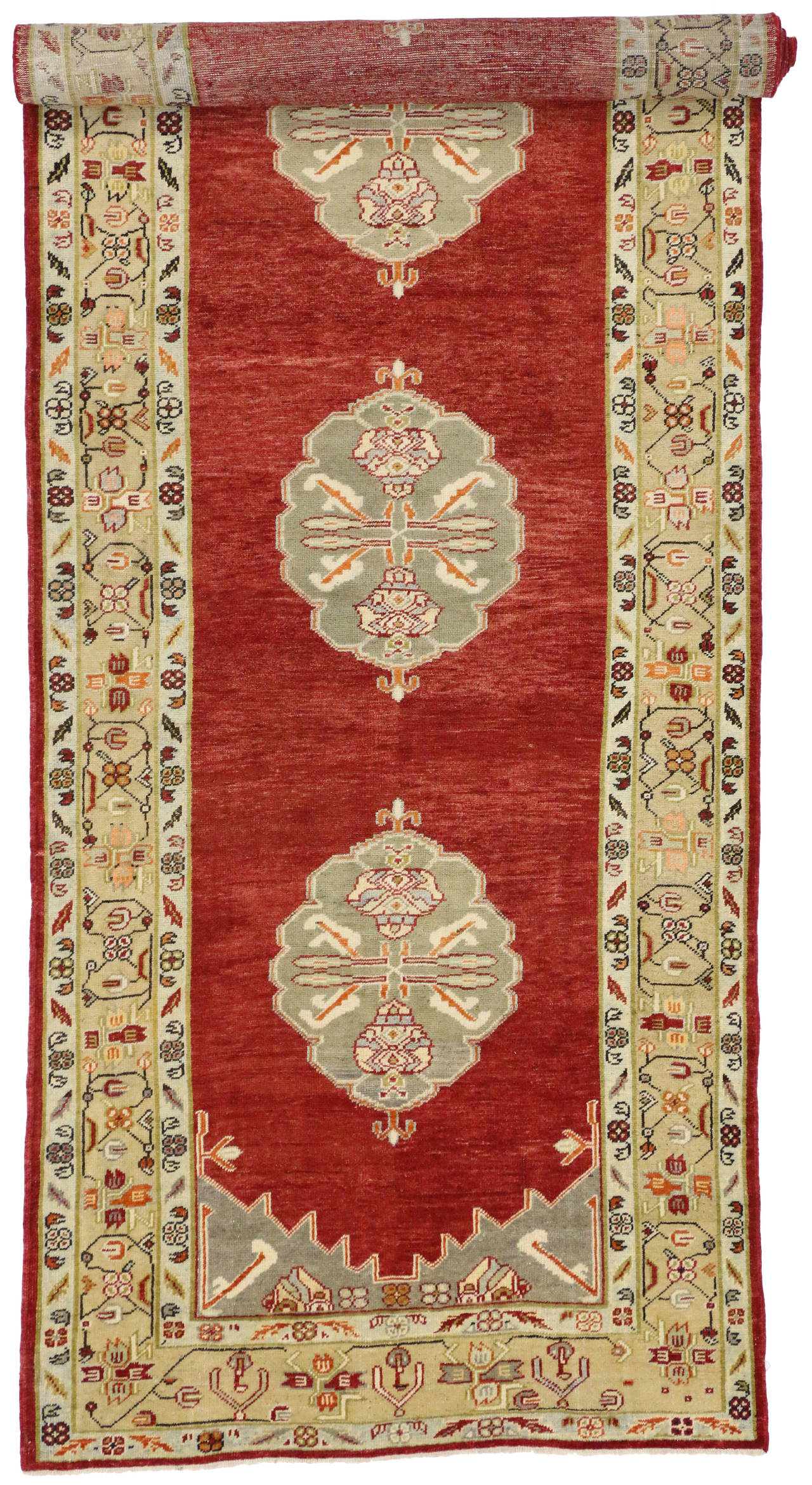 Red Vintage Turkish Oushak Carpet Runner with Modern Design For Sale at