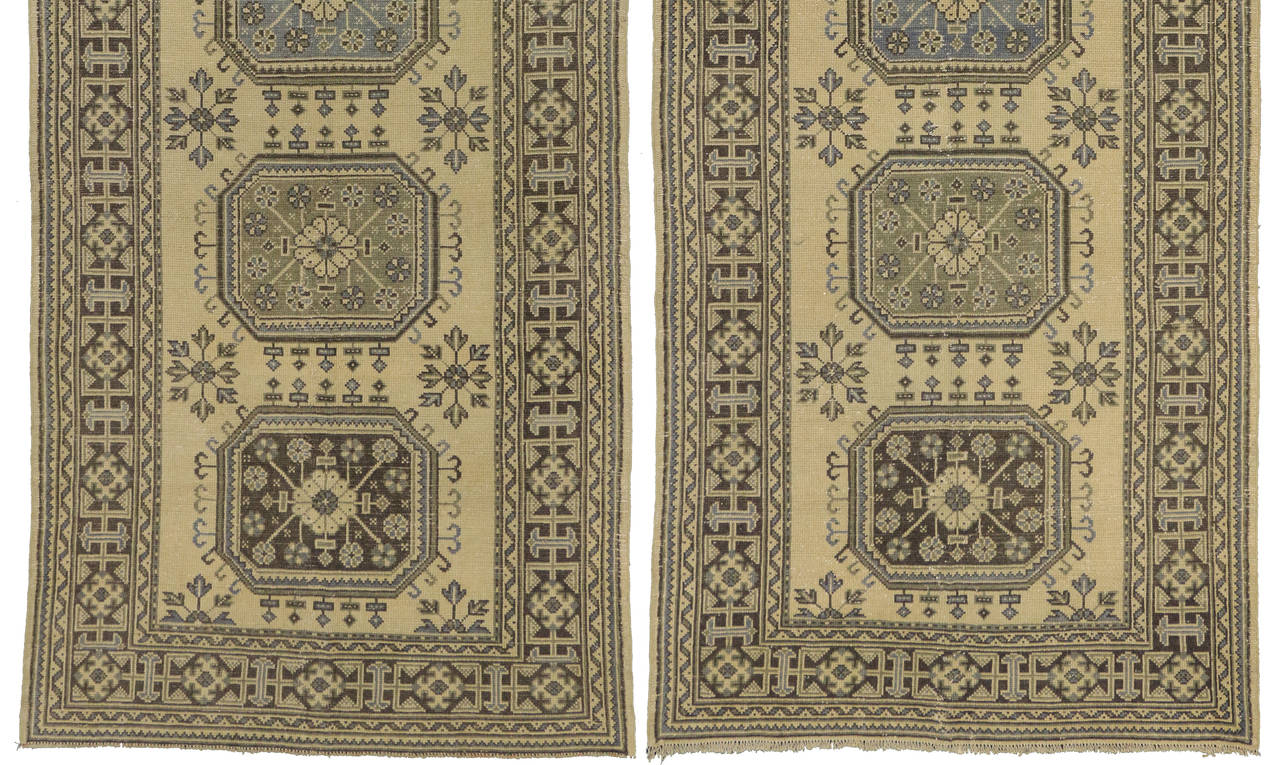 Pair of Vintage Oushak Runners with Muted Colors, Hallway Runner Pair For Sale 1