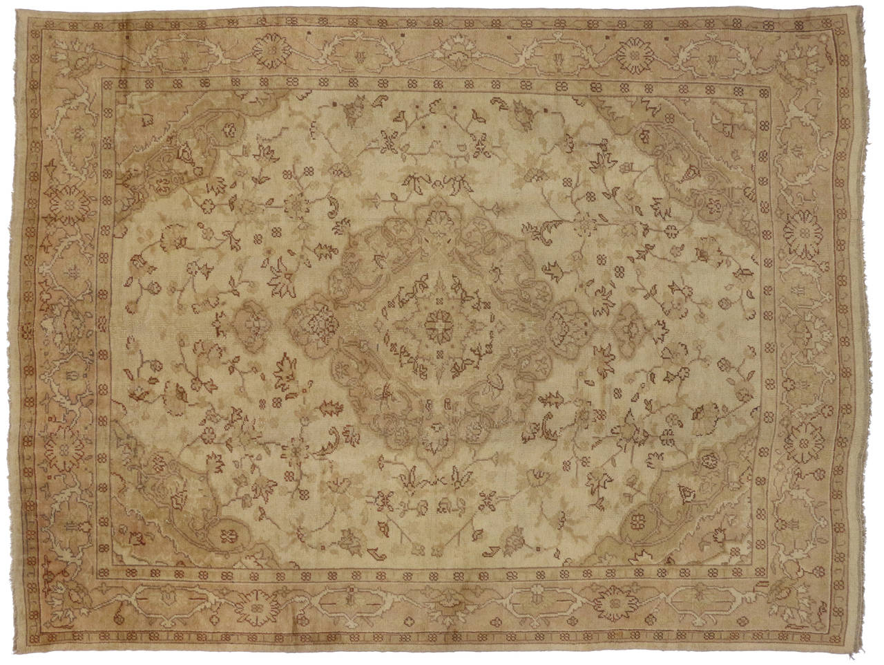 Antique Turkish Oushak Area Rug with Warm Neutral Color Palette For