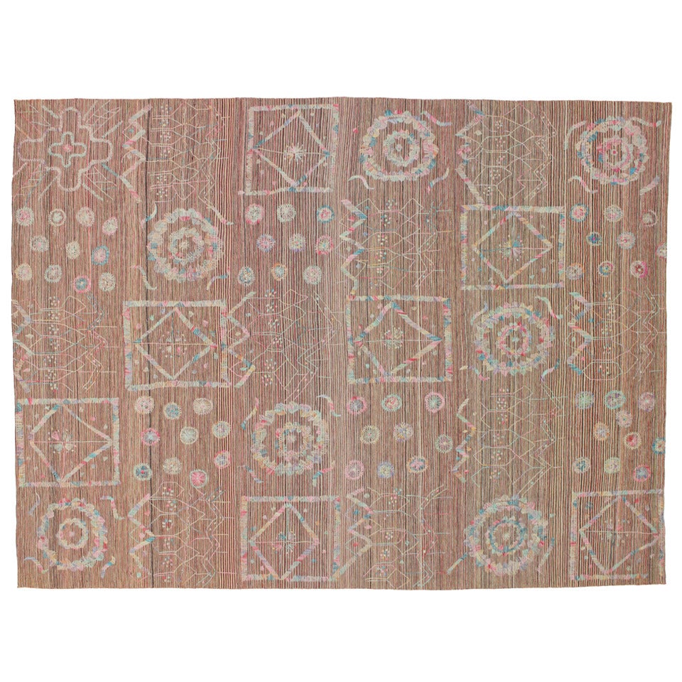 Vintage Flatweave Kilim Rug with Embroidered Suzani Design in Soft Pastel Colors 2