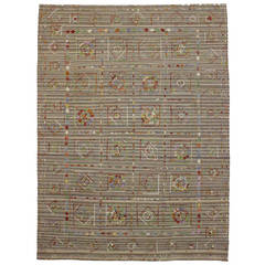 Vintage Flatweave Kilim Rug with Embroidered Suzani Designs in Multiple Colors