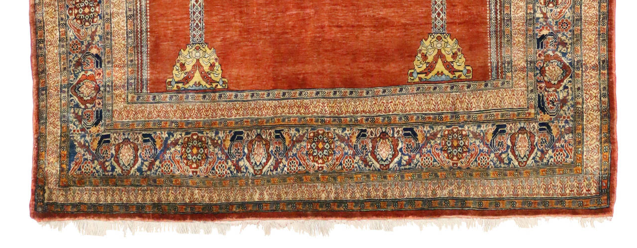 Hand-Knotted Haji Jalili Antique Silk Persian Tabriz Prayer Rug