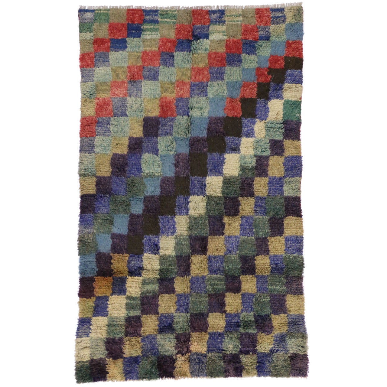 Vieux tapis turc tulu avec motif en damier et style cubiste Bauhaus