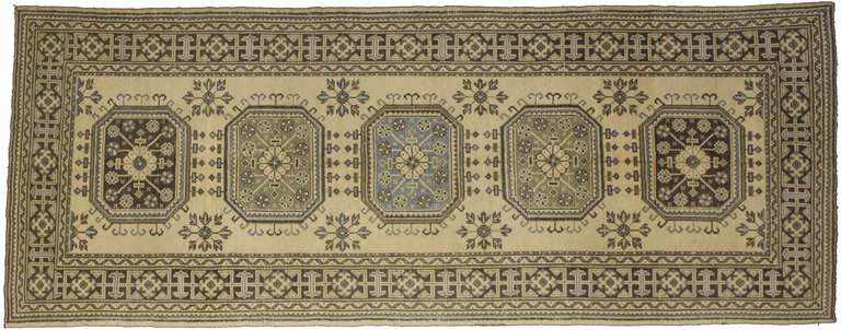 Hand-Knotted Pair of Vintage Oushak Runners with Muted Colors, Hallway Runner Pair For Sale