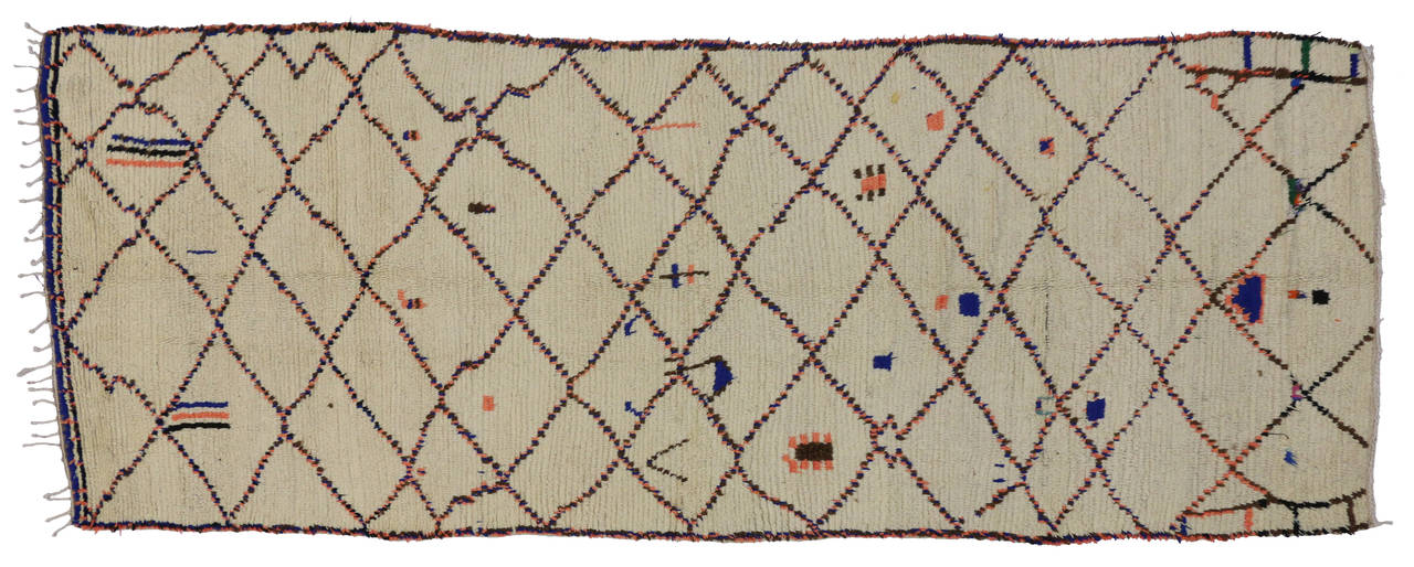 Vintage Azilal Berber Moroccan Ivory Carpet Runner with Modern Tribal Style