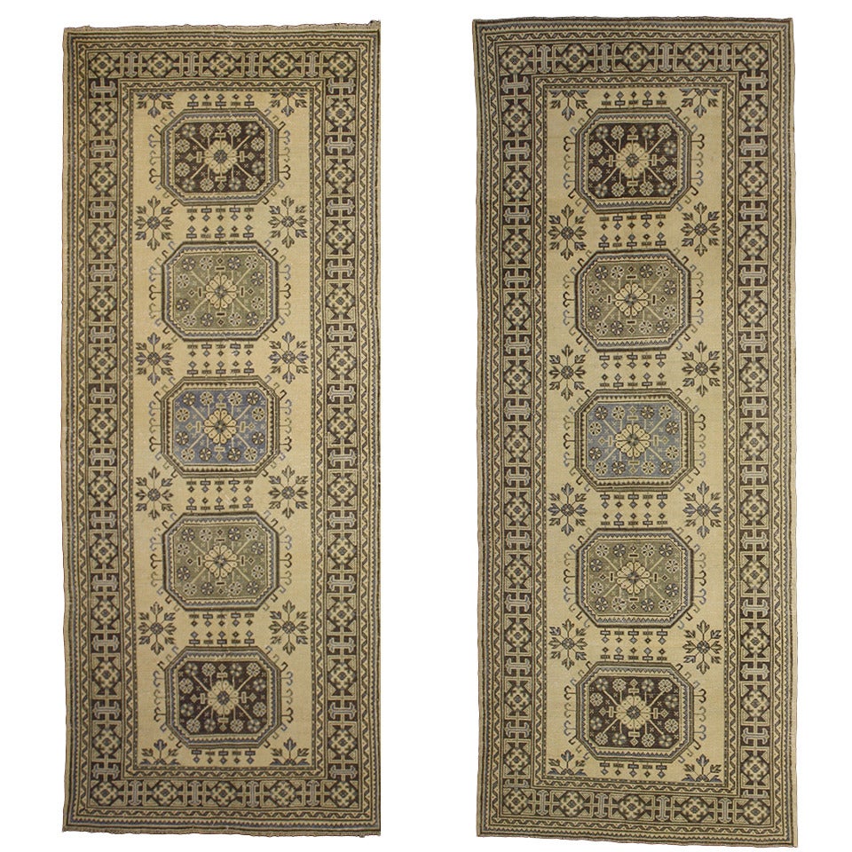 Pair of Vintage Oushak Runners with Muted Colors, Hallway Runner Pair