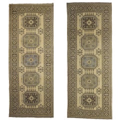 Pair of Vintage Oushak Runners with Muted Colors, Hallway Runner Pair