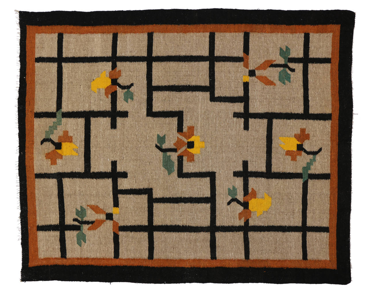 This vintage Swedish Kilim features a Scandinavian Modern style with a maze design featuring sleek black lines and floral motifs on a tan field.

Scandinavia is comprised of the three kingdoms Norway, Denmark and Sweden. Scandinavian carpets and