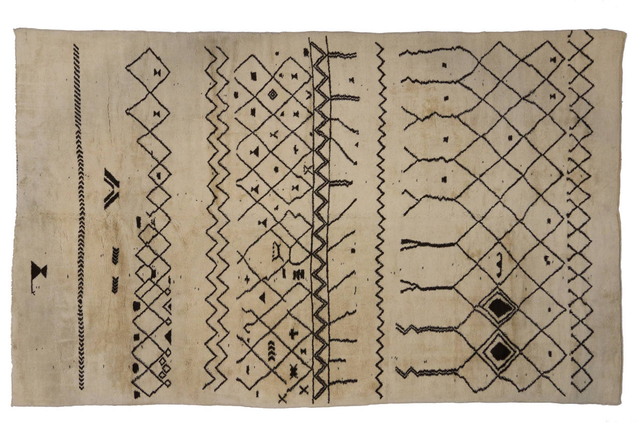 Hand-Knotted Mid-Century Modern Moroccan Rug with Tribal Design