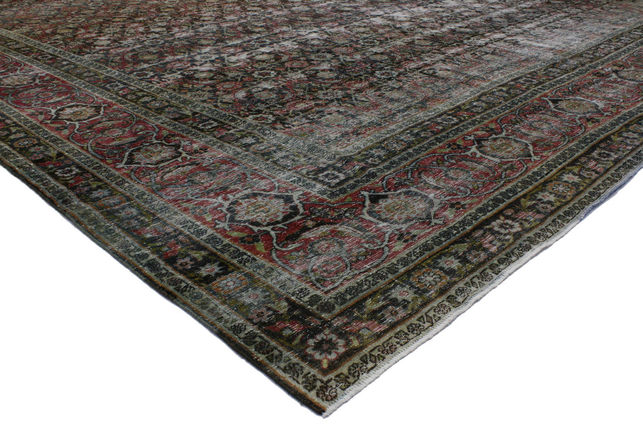 51529 Distressed Antique Yazd Persian Area Rug with Modern Industrial Luxe Style 10'00 x 13'05. Defined and raw combined with luxe utilitarian appeal, this distressed antique Persian rug goes beyond the boundaries of design with historical richness