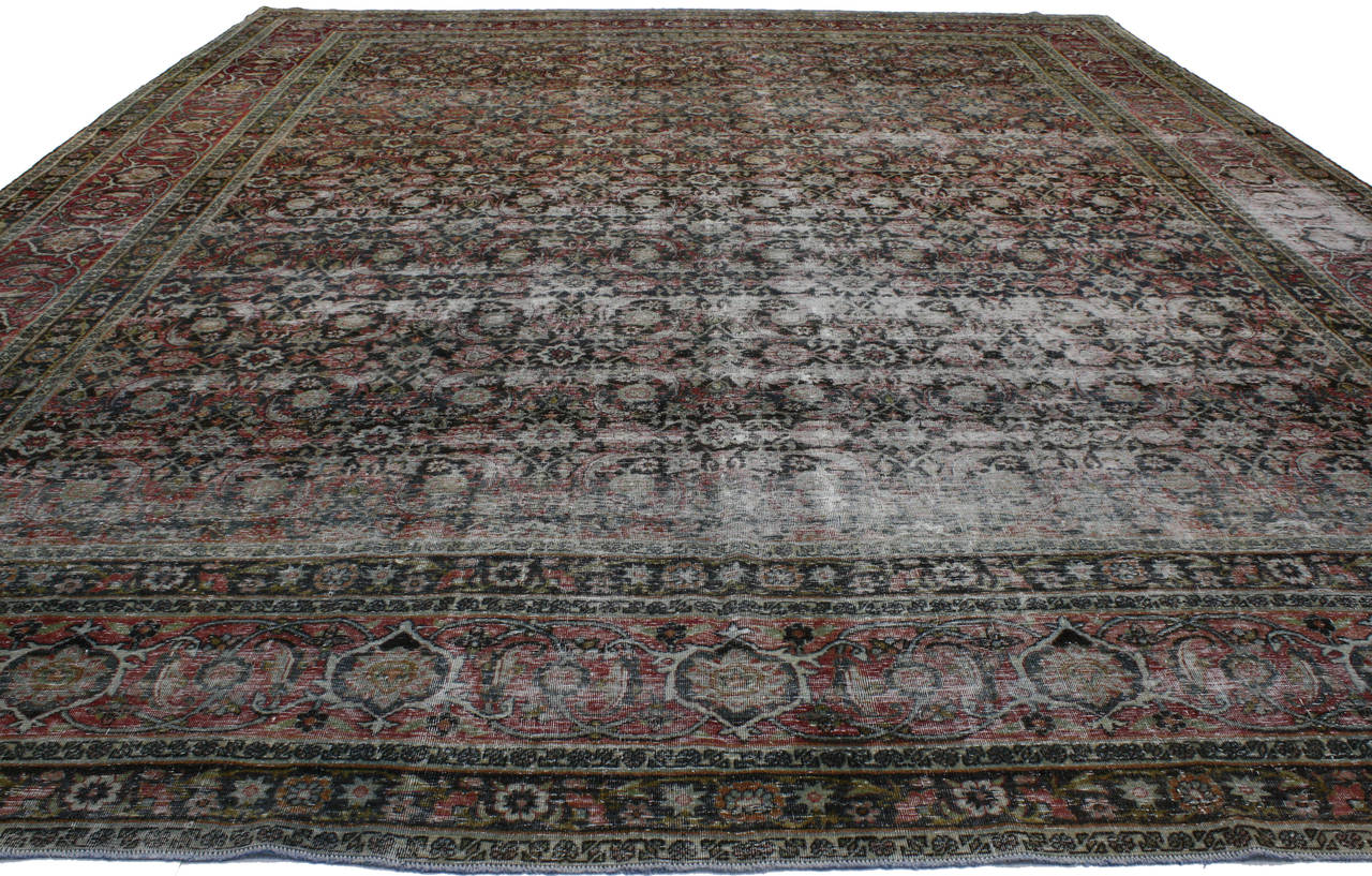 Hand-Knotted Distressed Antique Yazd Persian Area Rug with Modern Industrial Luxe Style