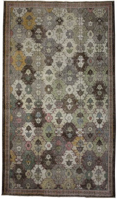 Zeki Muren Distressed Vintage Turkish Sivas Rug with Industrial Art Deco Style