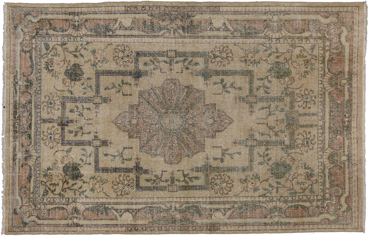 Wool Distressed Vintage Turkish Sivas Area Rug with Rustic Art Deco Cottage Charm For Sale
