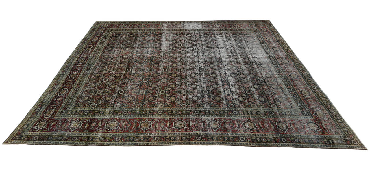 Wool Distressed Antique Yazd Persian Area Rug with Modern Industrial Luxe Style