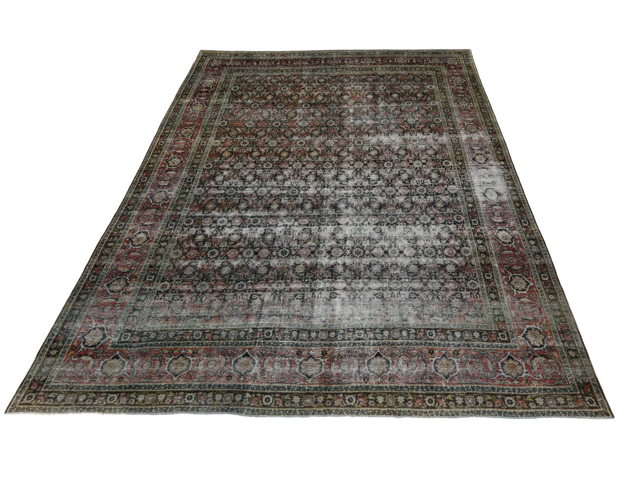 Distressed Antique Yazd Persian Area Rug with Modern Industrial Luxe Style 1